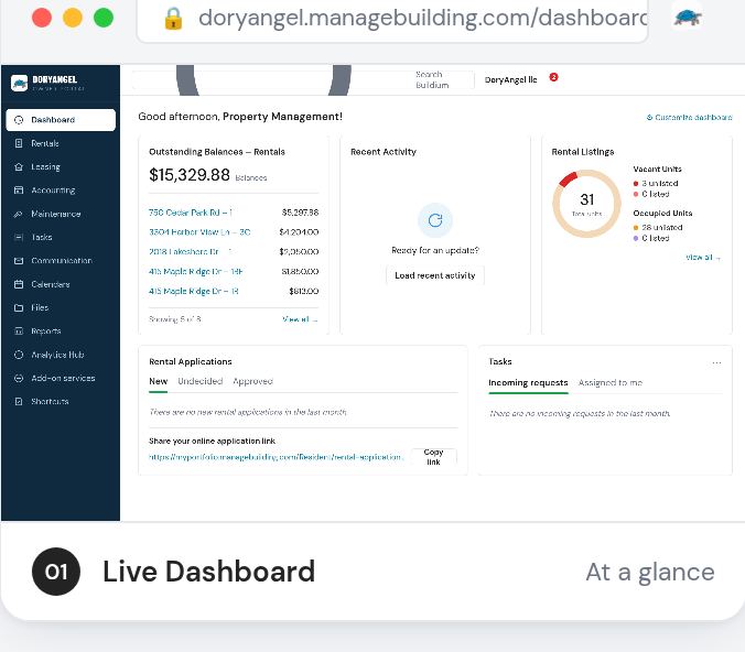 DoryAngel owner portal dashboard showing rent collected, outstanding balances and open maintenance tasks